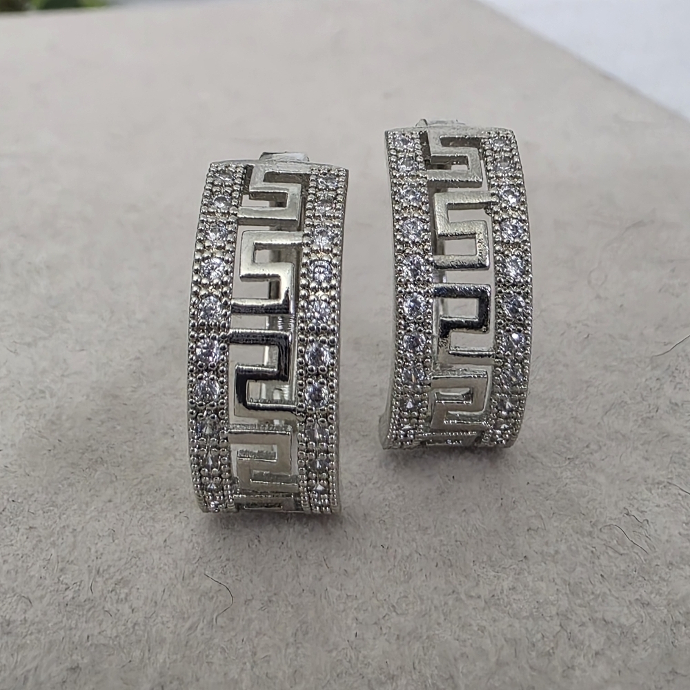 Silver Gold Filled Huggie Hoop Earrings Greek Key with Cubic Zirconia